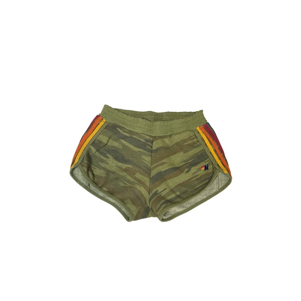 Aviator Nation Sweat Shorts Womens Medium Green Camo Rainbow Stripe Dolphin Hem